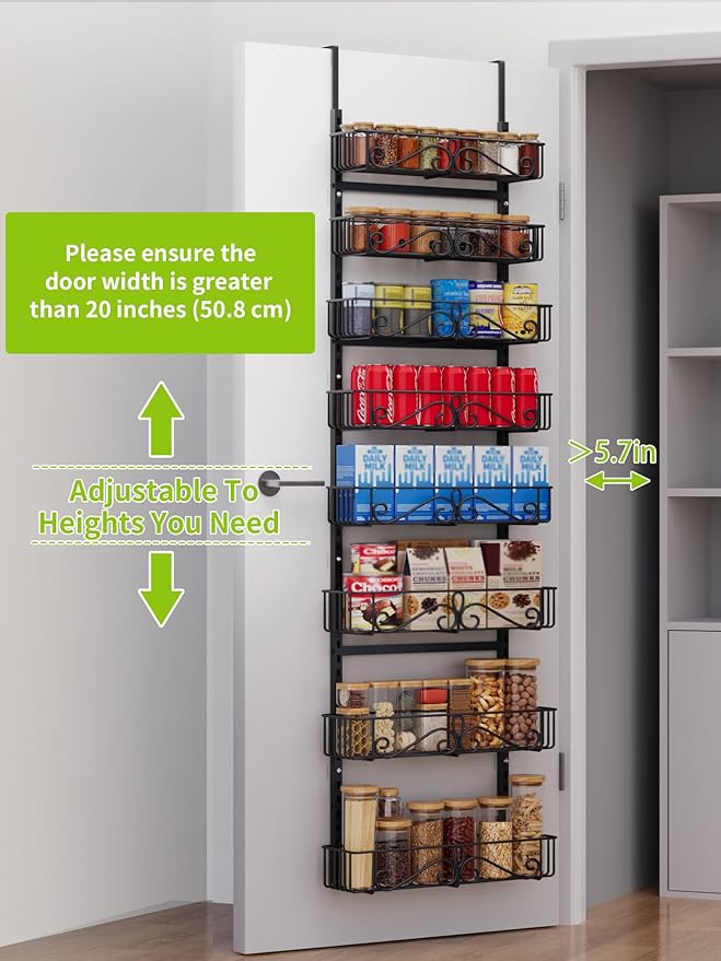 Over the Door Pantry Organizer, 8-Tier Over the Pantry Organization And Storage, Metal Hanging Spice Rack Shelves Door for Home & Kitchen, Laundry Room Bathroom, Black