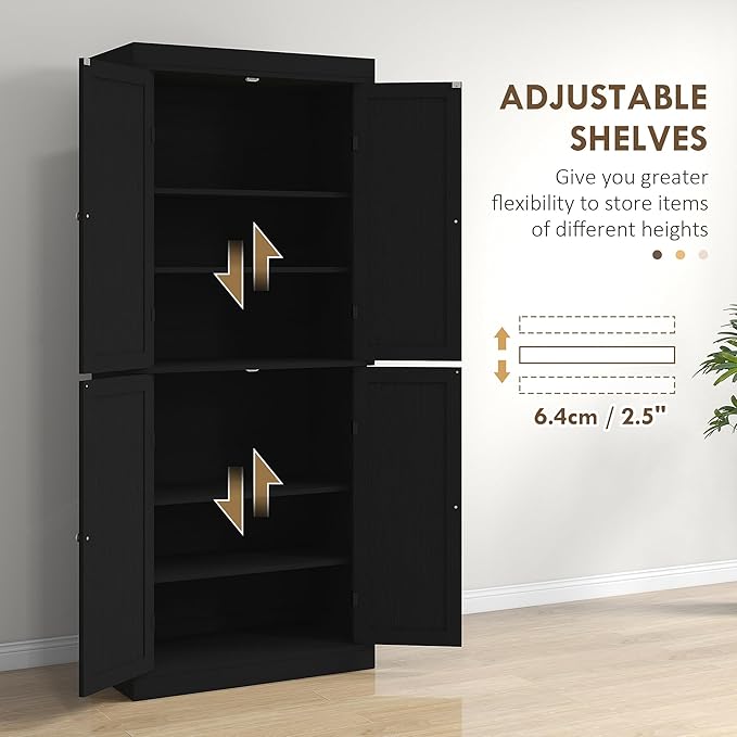HOMCOM 72.5" Tall Kitchen Pantry Cabinet, Freestanding Modern Farmhouse Kitchen Storage Cabinet with 4 Doors and 2 Adjustable Shelves for Dining Room, Black Wood Grain