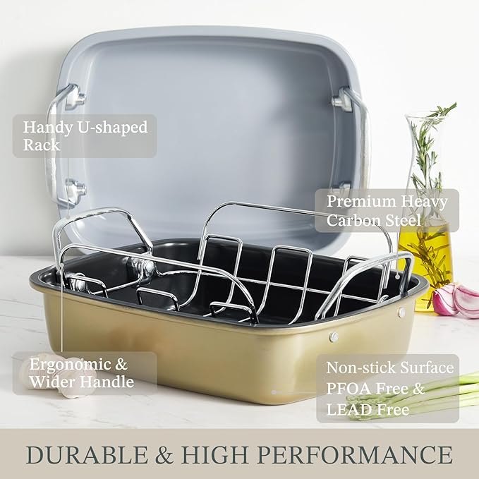 KITESSENSU Large Roasting Pan with Rack - 25 LB Nonstick Turkey Roaster Pan for Oven - Heavy Duty Carbon Steel Roasting Pan with Wider Handles for Chicken, Vegetables & Holiday Meals, Gold