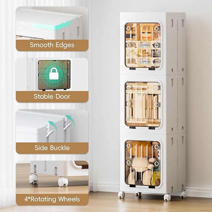 JEKO&JEKO Narrow Bathroom Storage Cabinet, 3-Tier Slim Tall Cabinet Organizer with Wheels, Foldable Plastic Storage for Small Spaces, White