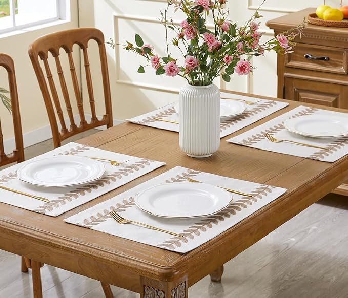 Wracra Embroidered Placemats, 13 x 18 Inch Set of 4 Placemats, Irregular Willow Rustic Place Mats for Kitchen Table and Heat Resistant, Taupe 4PCS