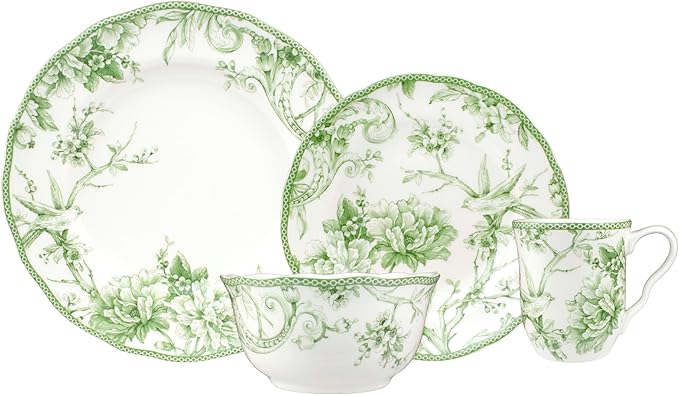 222 Fifth Adelaide Moss 16-Piece Porcelain Dinnerware Set ??Service for 4, Plates, Bowls & Mugs, Hand-Applied Decal, Microwave & Dishwasher Safe, for Everyday Dining & Entertainment