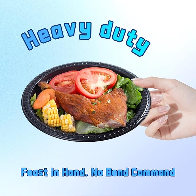 YANGRUI Plastic Plates BPA Free 9 Inch 150 Pack - Shrink Wrap Mineral Filled PP | Reusable Dishwasher Microwave Freezer Safe | Commercial Black Shatter-Resistant | Restaurant Heavy Duty Dinner Plate