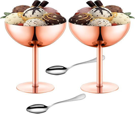 Ice Cream Bowls Stainless Steel Dessert Cups with Spoons Reusable Footed Sundae Cups Ice Cream Cups for Dessert, Frozen Yogurt, Gelato, Birthday Party Decorations (2, Rose glod)