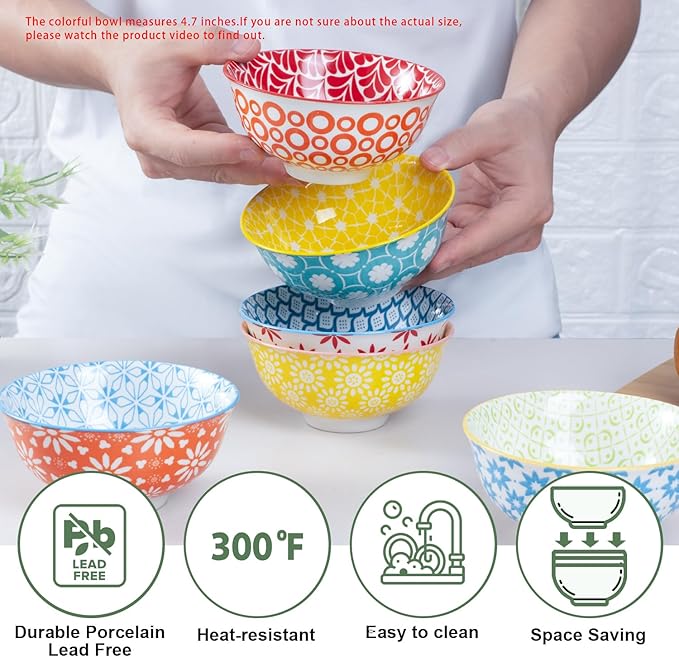 AntoKueh Colorful Ceramic Bowls 10oz, 4.7in small cereal bowl Set of 6 for ice cream, Dessert, Porcelain bowl for Dipping, Sauce, Dishwasher/Microwave safe
