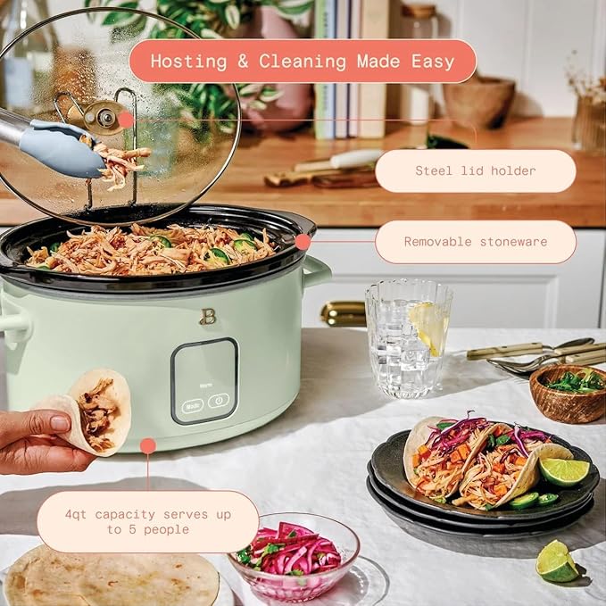 Beautiful 4 Quart Slow Cooker Touch Display Removable Stoneware Pot 4 Cooking Presets by Drew Barrymore (Sage Green)