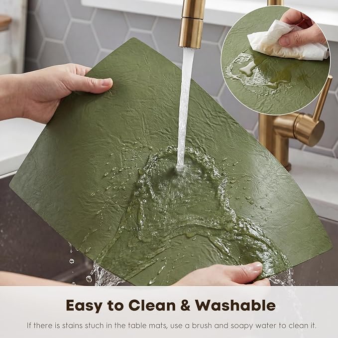 Artoid Mode Olive Green Faux Leather Placemats Set of 6, 12x18 Inch Waterproof Wipeable Heat Resistant Place Mats, Reversible Table Mats for Kitchen Dining Decor