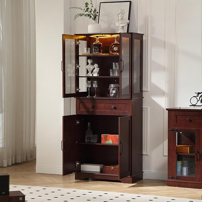 71'' Tall Pantry Cabinet with Glass Doors,Modern Kitchen Pantry Cabinet with 3 Adjustable Shelves and a Drawer, LED for Better Showcase,for Dining Room and Kitchen,Wine Red
