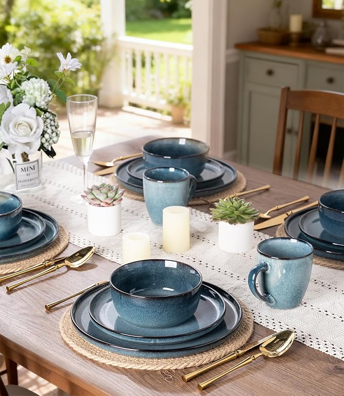 GBHOME Ceramic Dinnerware Sets for 4, 12 Pieces Stoneware Plates and Bowls Sets, Scratch Resistant Dishes, Dishwasher & Microwave Safe, Reactive Glaze-Blue Horizon