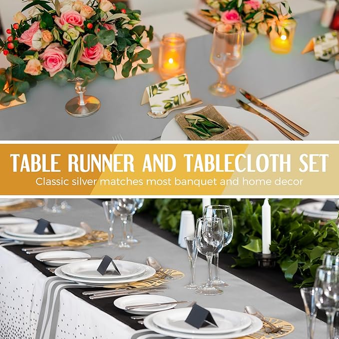 Tudomro 16 Pieces White and Silver Disposable Plastic Tablecloths and Satin Table Runner Set 54x108 Inch Tablecloth 12x108 Inch Table Runners for New Year Wedding Birthday Baby Shower Graduation