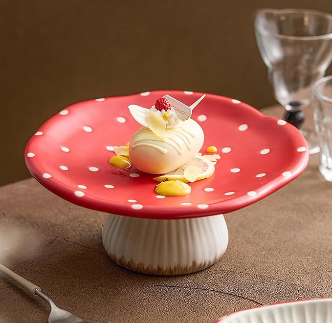 Mushroom Cake Stand, 9 in Polka Dot Safety Ceramic Display Plate Serving Tray, Cute Dinner Plates, Pasta & More.