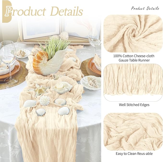 RealBox 6 Pack Ivory Cheesecloth Table Runner 17x108 Inch Semi Sheer Boho Gauze Cheese Cloth Fabric Table Runners Table Decor for Wedding Party Baby Shower Birthday Home Decor Garden Farmhouse