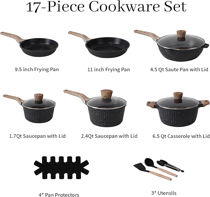 Pots and Pans Set Non Stick, 17Pcs Kitchen Cookware Sets, Granite Stone Induction Cookware Non Stick Cooking Set w/Frying Pans, Saucepans, Saut챕 Pan (PFOA Free), Black