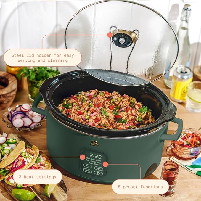 Beautiful 6 Quart Programmable Slow Cooker by Drew Barrymore ??Large Capacity, Ceramic Removable Pot, Tempered Glass Lid, Dishwasher Safe, Auto Keep Warm (Thyme Green)