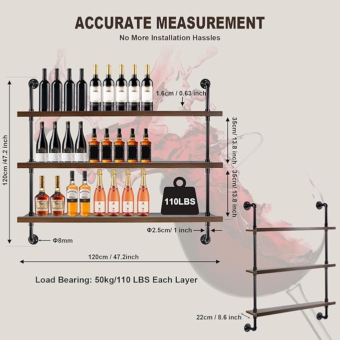 47.2-inch Modern Wall-Mounted Wine Rack with LED Lights, 3-Tier Liquor Bottle Display Bar Shelves, Industrial Wine Rack Floating Shelf, Multifunctional Wine Storage Rack for Home, Kitchen or Bar Decor