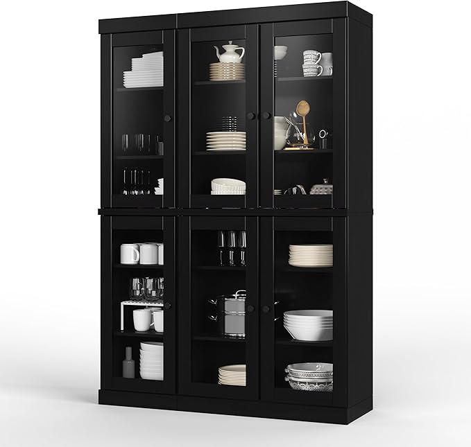 Palace Imports 100% Solid Wood 48.5" Pantry China Cabinet with Clear Glass Doors and Adjustable Shelves (Black)