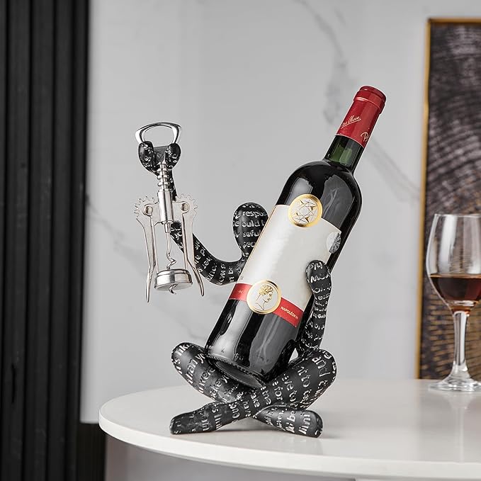 XINXUAN Abstract Wine Bottle Holder Home Decor, Resin Hollow-Out Design Decorative Wine Rack (Letter - Black)