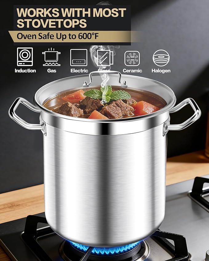 Stainless Steel 20 Quart Stockpot with Tempered Glass Lid, 3-Ply Base, 8.8 lbs, Polished Finish, Suitable for Stovetop and Oven, Dishwasher Safe