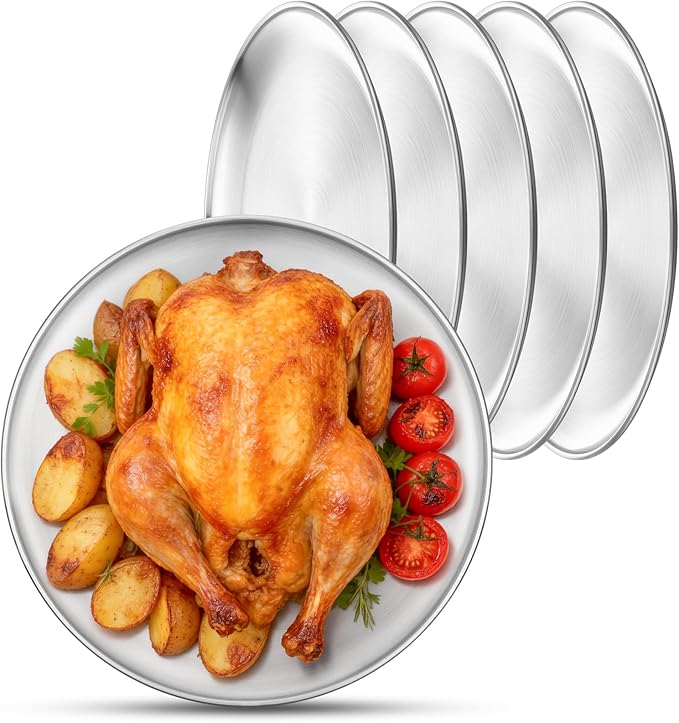 Stainless Steel Plates, 6 Pack 11.8 inch Large 201 Metal Food Serving Plate Set, Reusable Snack Eating Dishes Round Shatterproof Brushed Finish Dish Silver Dinner Lunch Oven Dishwasher Safe