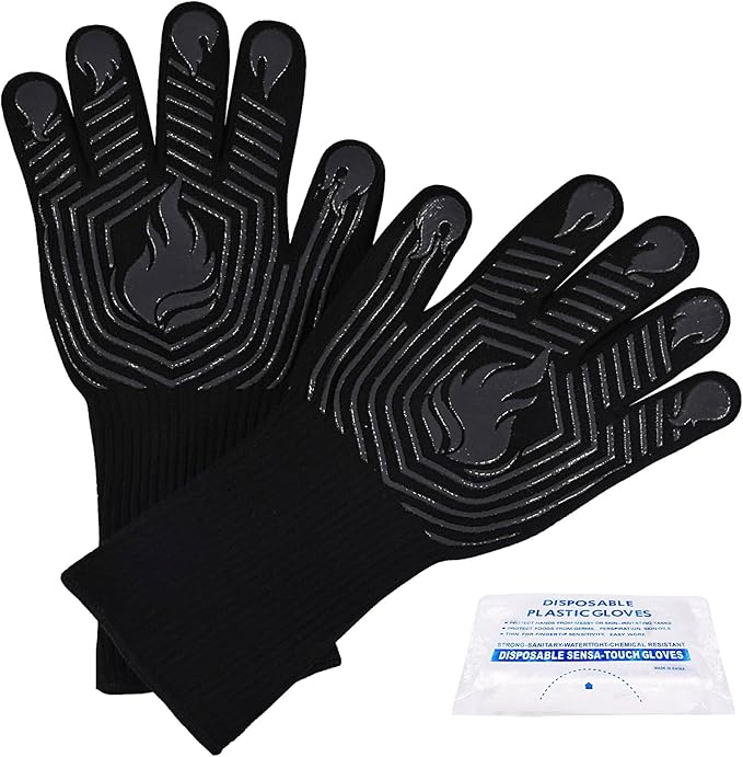 BBQ Gloves, 1472째F Heat Resistant Gloves Fireproof Mitts, Grilling Gloves Silicone Non-Slip Washable Oven Glove, Kitchen Glove for Barbecue, Grilling, Cooking, Baking, Camping, Smoker (Black)