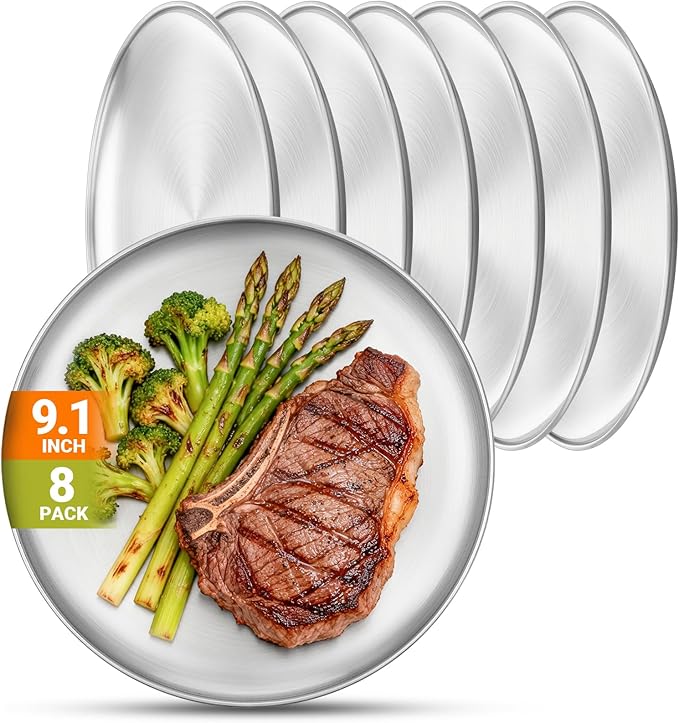Metal Camping Plates, 8 Pack 9.1 inch Small 201 Stainless Steel Plates, Reusable Pizza Food Serving Snack Eating Salad Dishes Round Shatterproof Brushed Finish Silver Dish Oven Dishwasher Safe