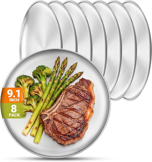 Metal Camping Plates, 8 Pack 9.1 inch Small 201 Stainless Steel Plates, Reusable Pizza Food Serving Snack Eating Salad Dishes Round Shatterproof Brushed Finish Silver Dish Oven Dishwasher Safe