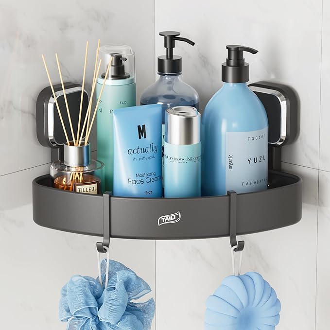 TAILI Corner Shower Caddy with Suction Cup Hooks, Aluminum Corner Shelf Basket竊?Wall Mounted Organizer Rack for Shampoo, No-Drilling Rustproof for Kitchen and Bathroom