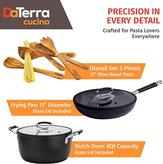 DaTerra Cucina - 8 Qt, 11??Nonstick Pasta Bundle ??Dutch Oven with Lid, Frying Pan with Lid, and Olive Wood Cooking Utensils | Made in Italy