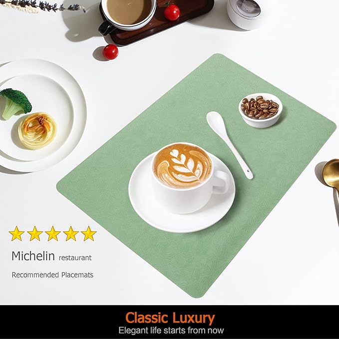 Uolr Vinyl Placemats Set of 12 Faux Leather 100% Waterproof Wipeable Washable Place Mats Heat Resistant Easy Clean Non-Slip Table Mats for Indoor Outdoor. (12, Green)