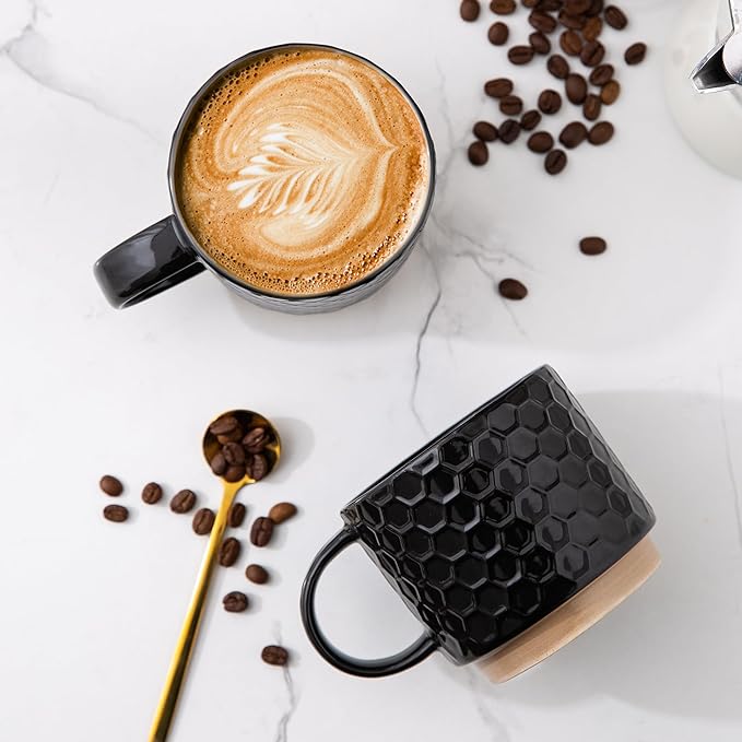 GBhome 12OZ Stackable Coffee Mugs Set of 6, Ceramic Coffee Mugs with Texture Patterns for Man,Woman,Dad,Mom, Modern Coffee Cups for Latte/Cappuccino/Cocoa. Dishwasher&Microwave Safe, Black
