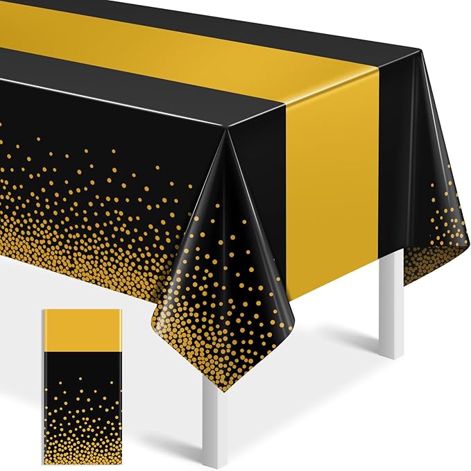 1Pcs Black and Gold Tablecloth Party Decorations,Plastic Black Table Cloth Printed Gold Table Runner Disposable Rectangle Tables Cover for Birthday Retirement Anniversary Graduation Party,54 x108 Inch