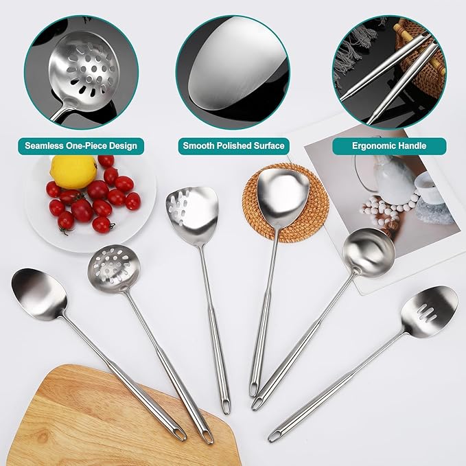 6Pcs Stainless Steel Kitchen Utensils Set ??Cooking Utensils Set Stainless Steel, Metal Cooking Utensils with Wok Spatula, Serving Spoons,Ladle Set??Durable Cooking Supplies for Home and Camping