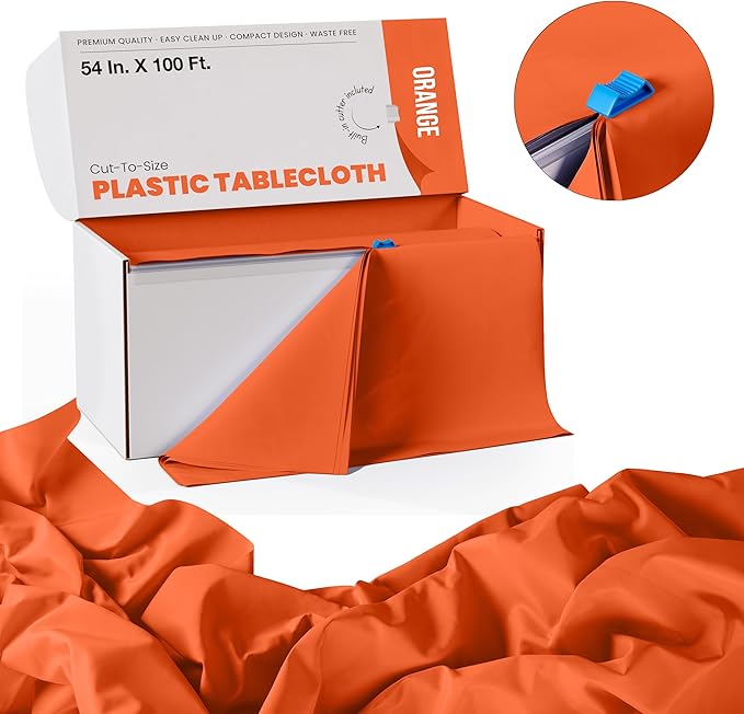 Party Solids 54 Inch X 100 Feet Orange Plastic Table Cover Roll in A Cut - to - Size Box with Convenient Slide Cutter. Cuts Up to 12 Rectangle 8 Feet Plastic Disposable Tablecloths