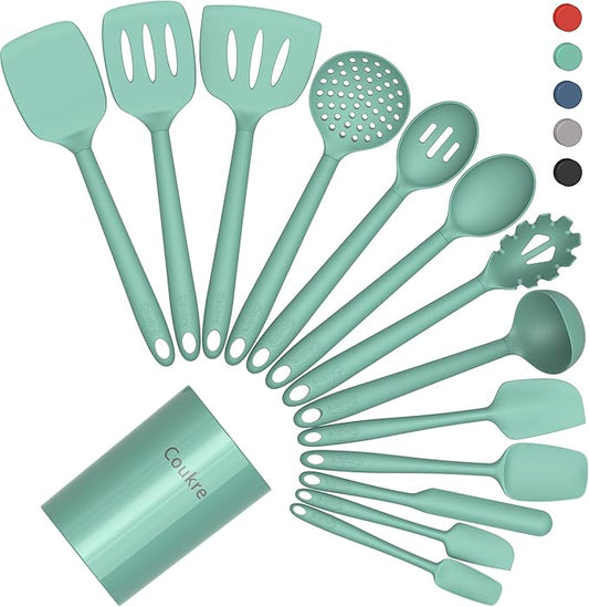 Coukre Silicone Kitchen Cooking Utensils Set with Holder ??Heat-Resistant, Food-Grade Kitchen Tools, Spatula, Spoon & Gadgets for Non-Stick Pans, Dishwasher Safe (14, PureAquaGreen)