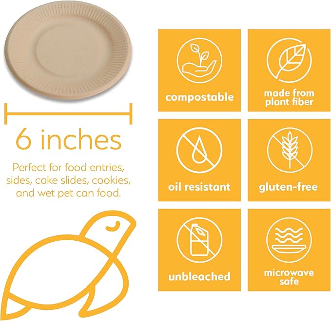 100% Compostable Disposable Paper Plates Bulk [6" 1000 Pack], Bamboo Plates, Eco Friendly, Biodegradable, Sturdy Small Dessert Party Plates, Heavy-Duty, Unbleached by Earth's Natural Alternative