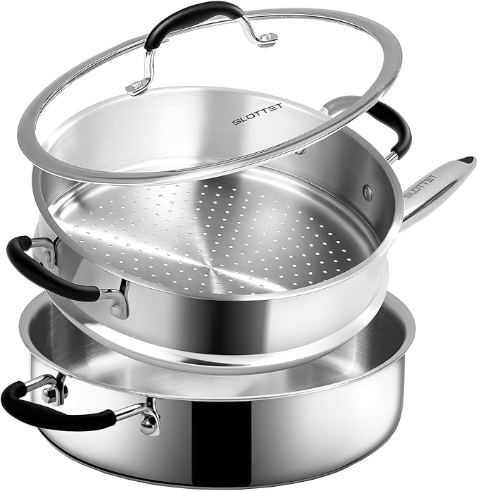 Tri-Ply Stainless Steel Saute Pan with Steamer, 5 Quart Deep Saut챕 Pan with Lid and Stay Cool Handle,11.5 Inch Frying Pan,Dishwasher and Oven Safe,Induction Stainless Steel Cookware