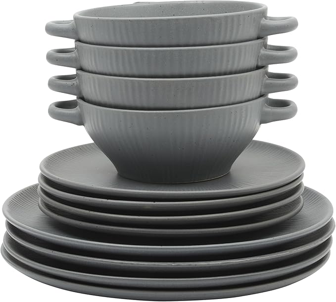 Gibson Elite Clover Hill 12-Piece Stoneware Dinnerware Set ??Dark Blue Embossed Plates and Bowls with Matte Speckled Reactive Glaze, Service for 4 ??Microwave & Dishwasher Safe