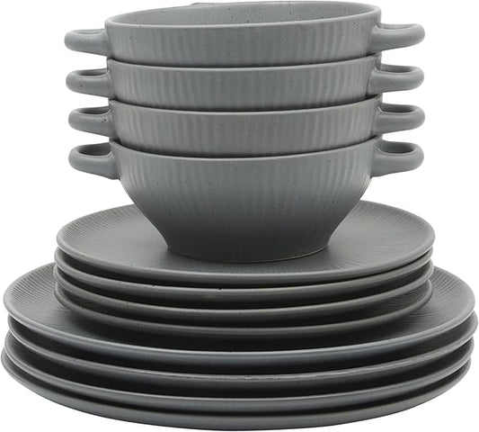 Gibson Elite Clover Hill 12-Piece Stoneware Dinnerware Set ??Dark Blue Embossed Plates and Bowls with Matte Speckled Reactive Glaze, Service for 4 ??Microwave & Dishwasher Safe