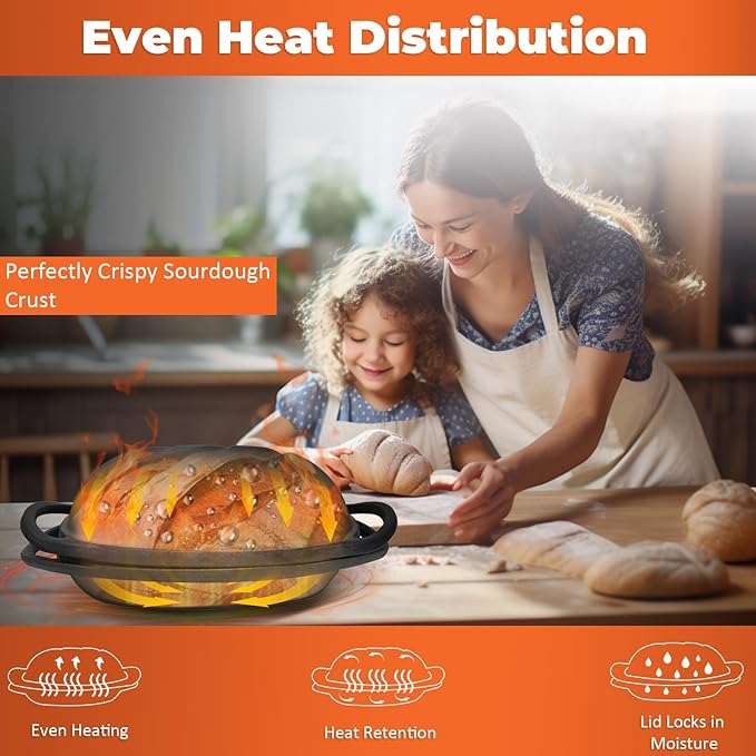 9.2 QT Heavy Duty Pre-seasoned Cast Iron Bread Pan, Large Loaf Dutch Oven with Lid, Sourdough Bread Baking Pan - Compatible with Ceramic/Cooktops/Ovens/Grill/Campfire - with lame, Flour Duster, etc