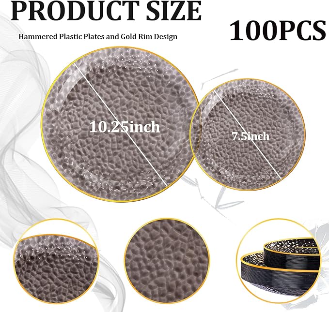 SUT 100Pcs Black Plastic Plates, Hammered Plates Disposable Heavy Duty, Black Disposable Plates With Gold Rim, Fancy Plastic plates Include 50 Dinner plate and 50 Dessert plate for