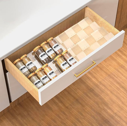 2-Tier Non-Slip Spice Drawer Organizer, 2-Pack Checkered Frosted Clear Acrylic, Expandable (11''-22'') Spice Rack for Kitchen Drawer Storage ??Holds Seasonings, Herbs, and Spices (Jars Not Included)
