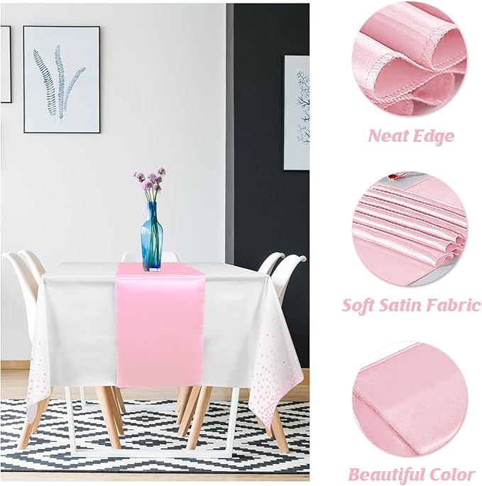 16Pack Disposable Plastic Tablecloths and Satin Table Runner Set White and Pink Dot Table Cloth Gold for Graduation Wedding Engagement Birthday Baby Shower Anniversary Holiday Party Decorations