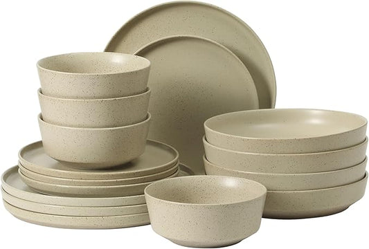 Gibson Elite Overbrook 16-Piece Pottery Clay Stoneware Dinnerware Set ??White Reactive Glaze, Stackable Plates and Bowls w/Pasta Bowl, Service for 4 ??Microwave & Dishwasher Safe