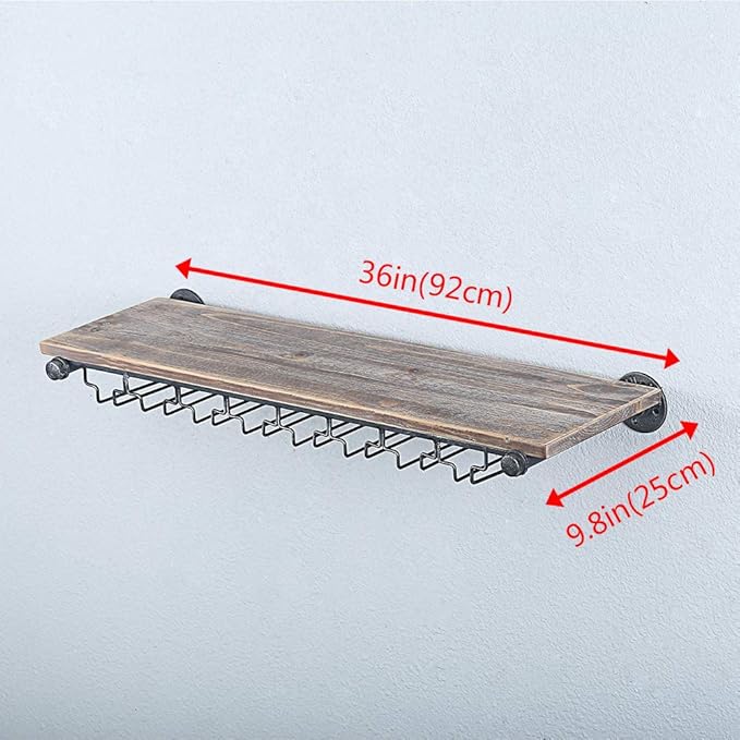 Industrial Wine Rack Wall Mounted with 5 Glass Holder,Wine Glass Rack Floating Wine Glass Shelf,36in Pipe Shelving Hanging Wood Shelves