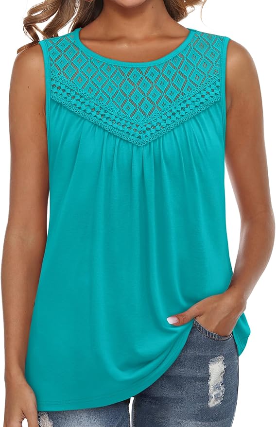 XIEERDUO Womens Tank Tops Sleeveless Lace Crochet Boho Tops Loose Fit Pleated Tunics Crewneck Summer Vacation Outfits Flowy