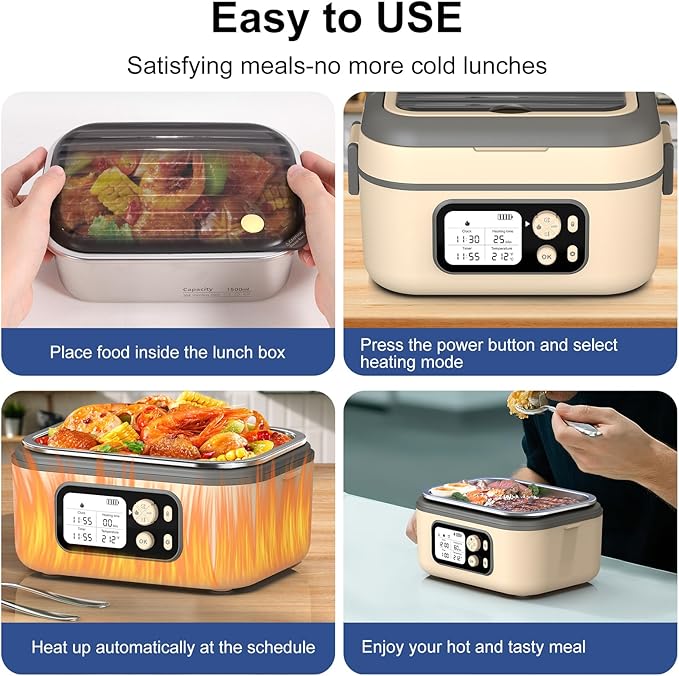 EDCREATY Cordless Electric Heated Lunch Box, 1.5L 6.3Cups 24000mAh Rechargeable Battery Self-Heating Lunch Box, Smart Timer, Even Heating, 100W Portable Food Warmer for Office, Picnic, Car, Outdoor