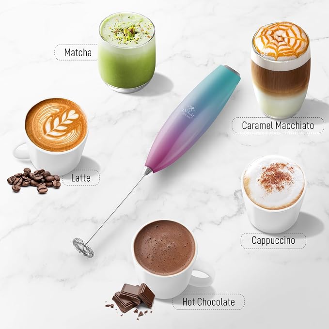 Zulay Kitchen Handheld Milk Frother with Duracell AA Batteries ??Ultra Fast Electric Mixer & Foam Maker, Easy-Clean Drink Mixer for Coffee & More - Teal Pink Fade