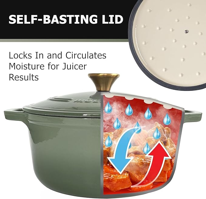 MUELLER HOME 4.5 Quart Enameled Cast Iron Dutch Oven For Sourdough Bread Baking, Heavy-Duty, Oven-Safe up to 500째 F & Across All Cooktops, Casserole Dishes, Green Kitchen Accessories, Thyme Green