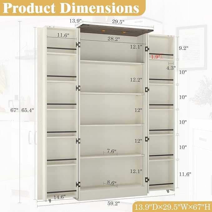 Tall Kitchen Pantry Cabinet: 67" Farmhouse Pantry Cabinet for Kitchen Storage, Off White Cupboard with 2 Barn Doors, Wood Food Storage Cabinets with Shelves (White)