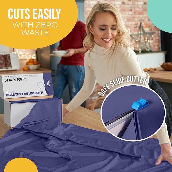 Party Solids 54 Inch X 100 Feet Navy Plastic Table Cover Roll in A Cut - to - Size Box with Convenient Slide Cutter. Cuts Up to 12 Rectangle 8 Feet Plastic Disposable Tablecloths